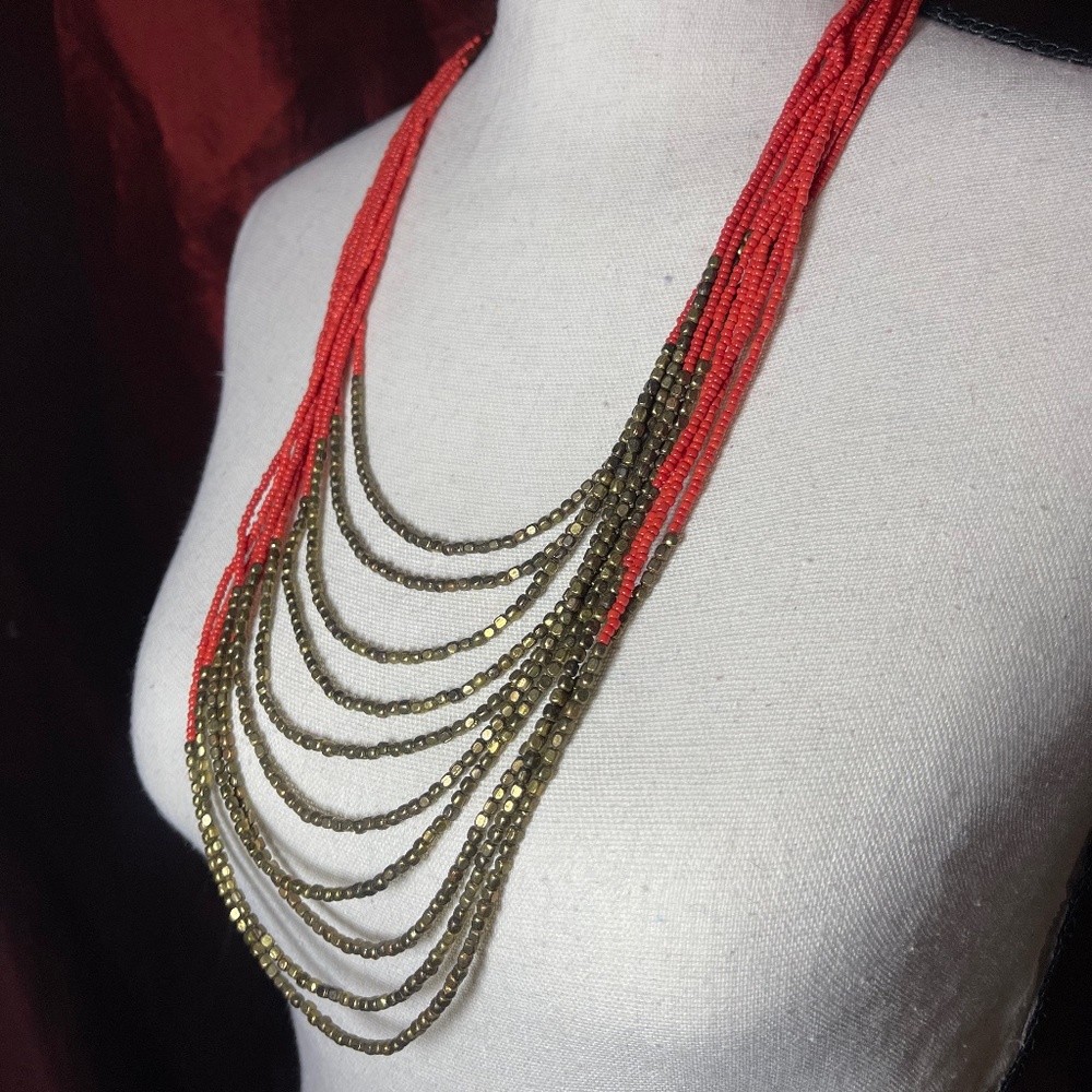 Chico's Red Multi Strand Necklace With Bronze Small Beads